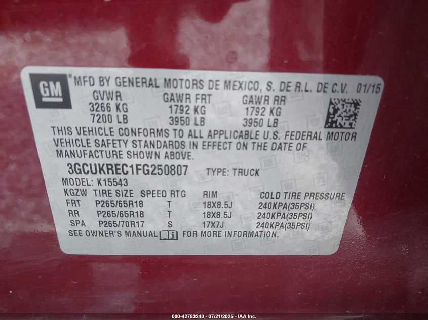 2015 Chevrolet Silverado 1500 1Lt VIN: 3GCUKREC1FG250807 Lot: 42783240