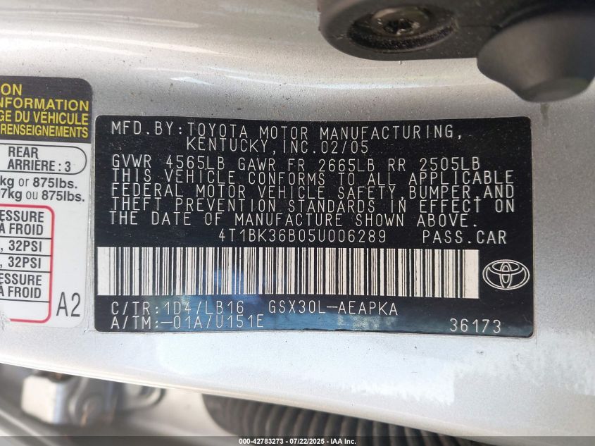 2005 Toyota Avalon Limited VIN: 4T1BK36B05U006289 Lot: 42783273