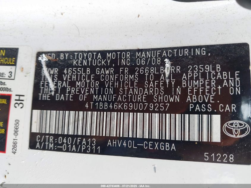 2009 Toyota Camry Hybrid VIN: 4T1BB46K69U079257 Lot: 42783406