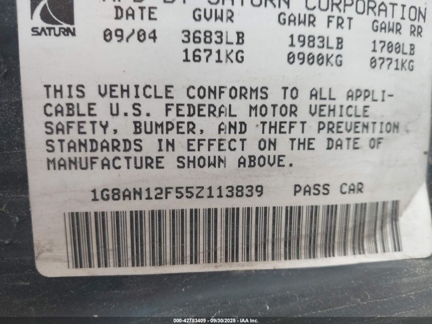 2005 Saturn Ion 2 VIN: 1G8AN12F55Z113839 Lot: 42783409