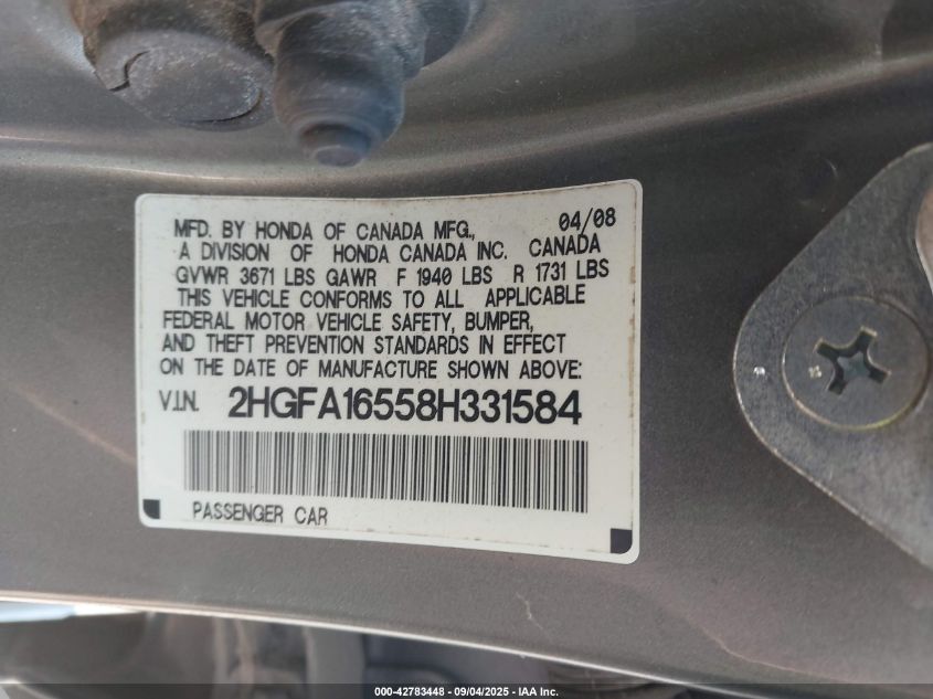 2008 Honda Civic Lx VIN: 2HGFA16558H331584 Lot: 42783448