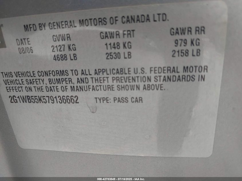 2007 Chevrolet Impala Ls VIN: 2G1WB55K579136662 Lot: 42783549