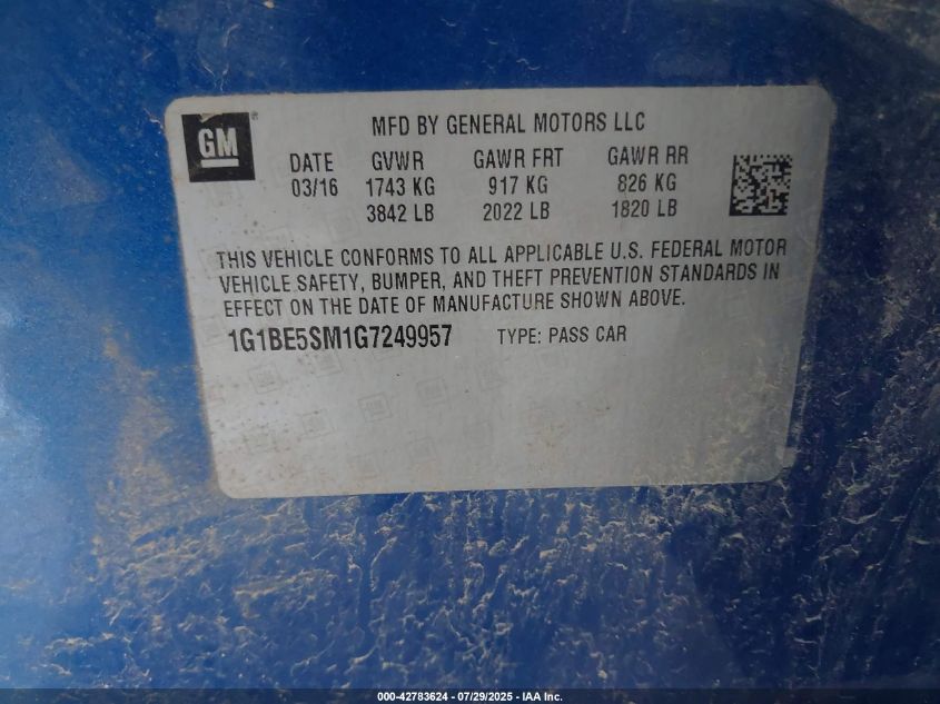 2016 Chevrolet Cruze Lt Auto VIN: 1G1BE5SM1G7249957 Lot: 42783624
