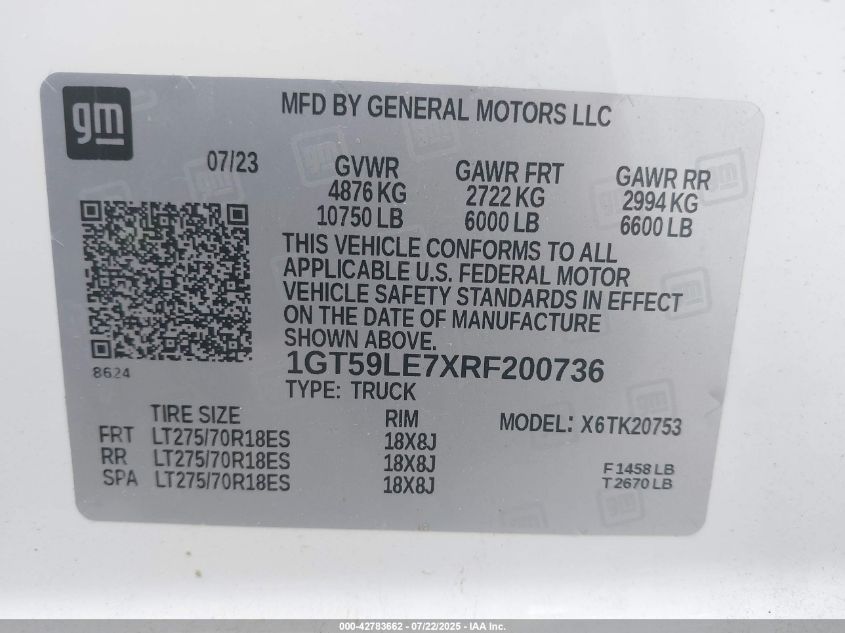 2024 GMC Sierra 2500Hd 4Wd Double Cab Standard Bed Pro VIN: 1GT59LE7XRF200736 Lot: 42783662