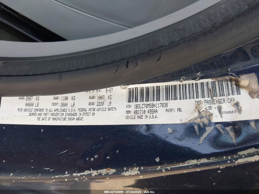 2008 Dodge Avenger R/T VIN: 1B3LC76M58N117838 Lot: 42783699