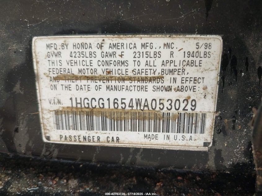 1998 Honda Accord Ex V6 VIN: 1HGCG1654WA053029 Lot: 42783728