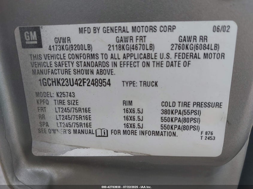 2002 Chevrolet Silverado 2500Hd Lt VIN: 1GCHK23U42F248954 Lot: 42783938