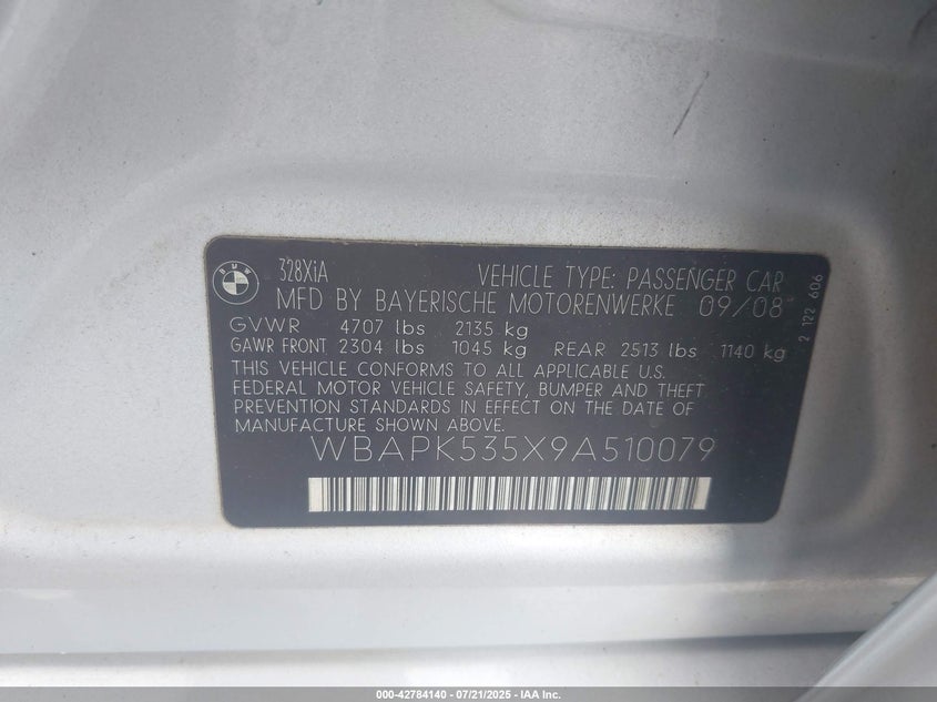 2009 BMW 328I xDrive VIN: WBAPK535X9A510079 Lot: 42784140