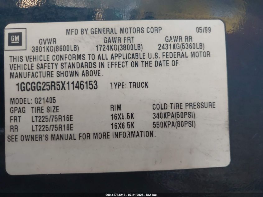 1999 Chevrolet Express VIN: 1GCGG25R5X1146153 Lot: 42784213