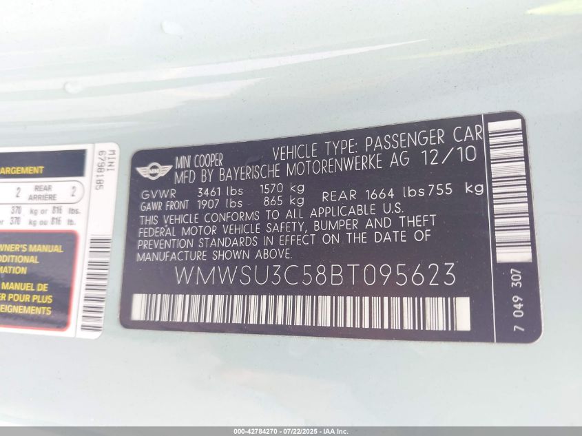 2011 Mini Cooper VIN: WMWSU3C58BT095623 Lot: 42784270