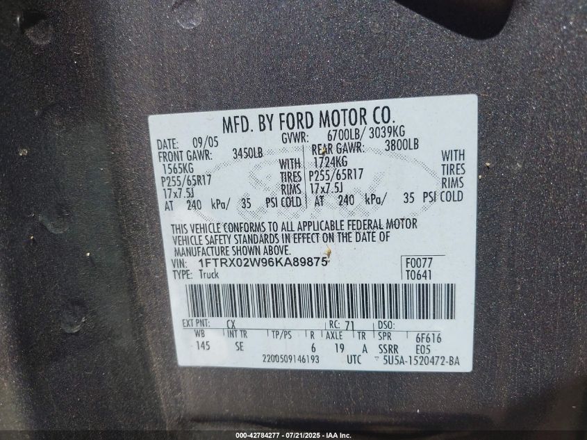 2006 Ford F-150 Stx/Xlt VIN: 1FTRX02W96KA89875 Lot: 42784277