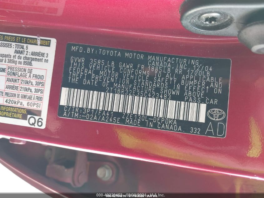 2005 Toyota Corolla Ce VIN: 2T1BR32E35C423483 Lot: 42784314