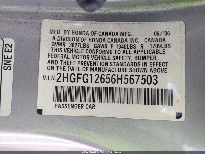 2006 Honda Civic Lx VIN: 2HGFG12656H567503 Lot: 42784457