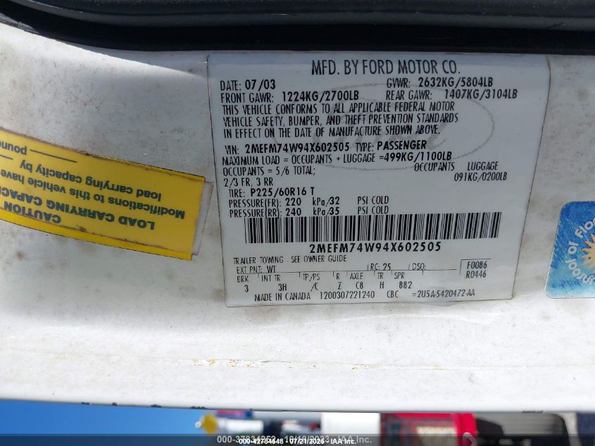 2004 Mercury Grand Marquis Gs VIN: 2MEFM74W94X602505 Lot: 42784548