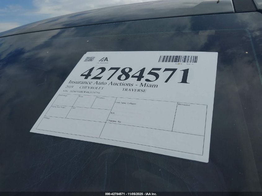 2019 Chevrolet Traverse 3Lt VIN: 1GNEVHKW4KJ114756 Lot: 42784571