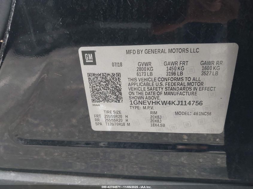 2019 Chevrolet Traverse 3Lt VIN: 1GNEVHKW4KJ114756 Lot: 42784571