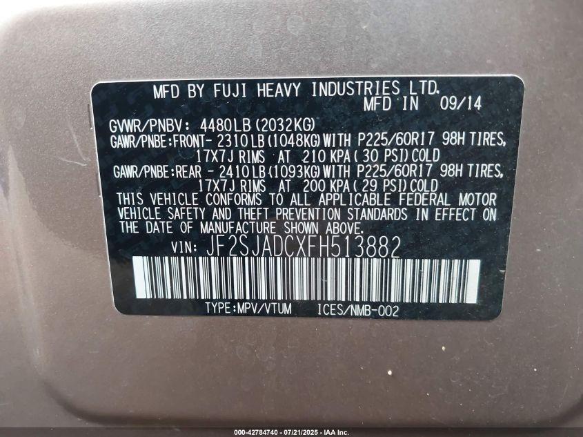 2015 Subaru Forester 2.5I Premium VIN: JF2SJADCXFH513882 Lot: 42784740