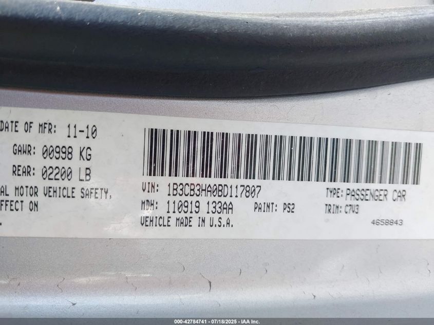 2011 Dodge Caliber Mainstreet VIN: 1B3CB3HACBD117807 Lot: 42784741