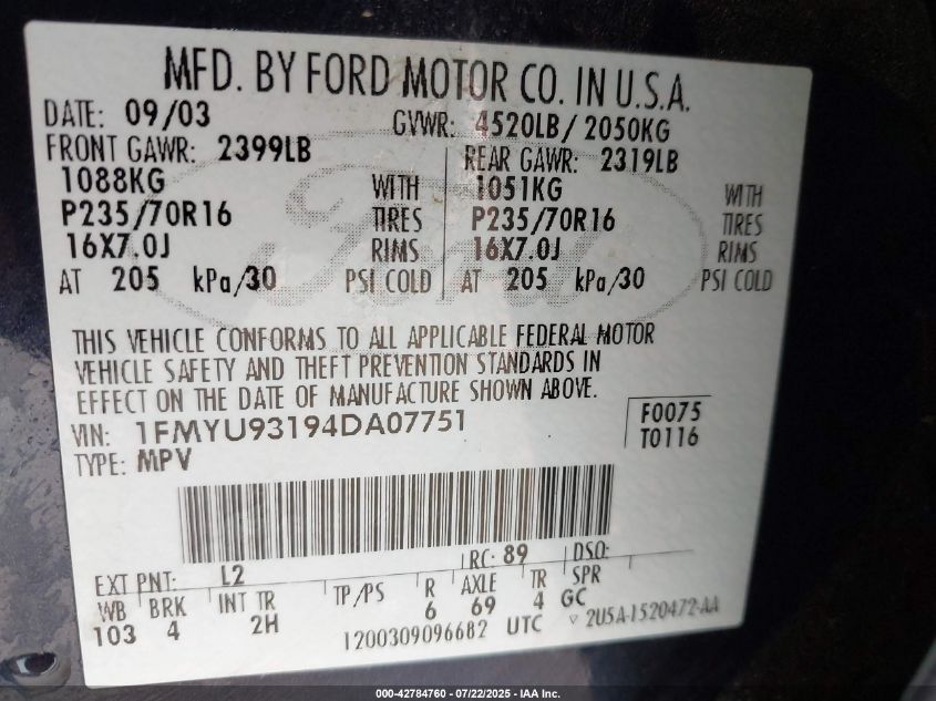 2004 Ford Escape Xlt VIN: 1FMYU93194DA07751 Lot: 42784760