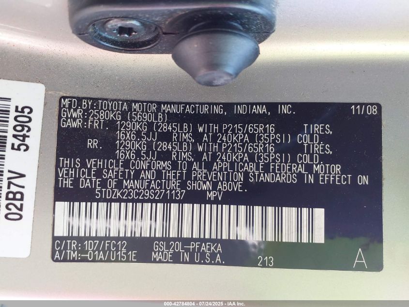 2009 Toyota Sienna Le VIN: 5TDZK23C29S271137 Lot: 42784804