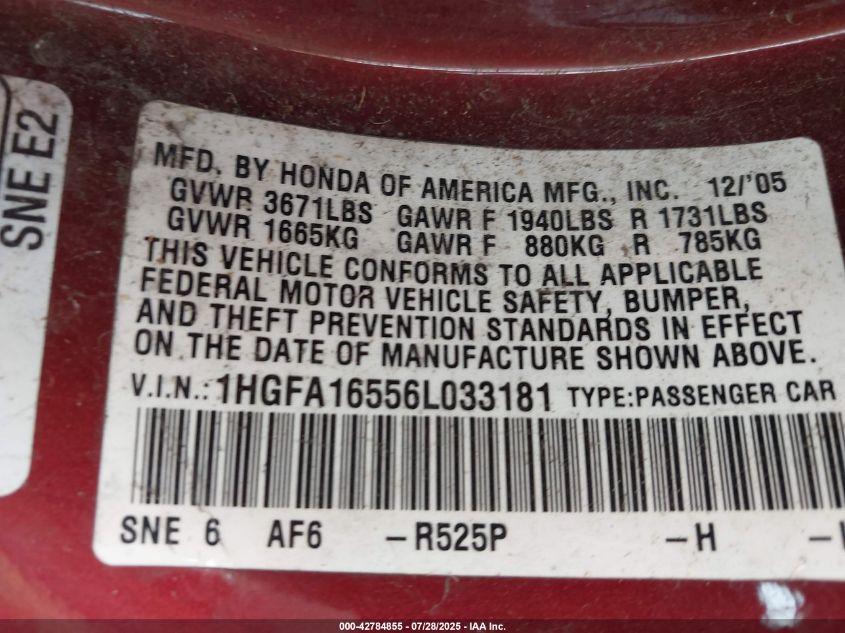 2006 Honda Civic Lx VIN: 1HGFA16556L033181 Lot: 42784855
