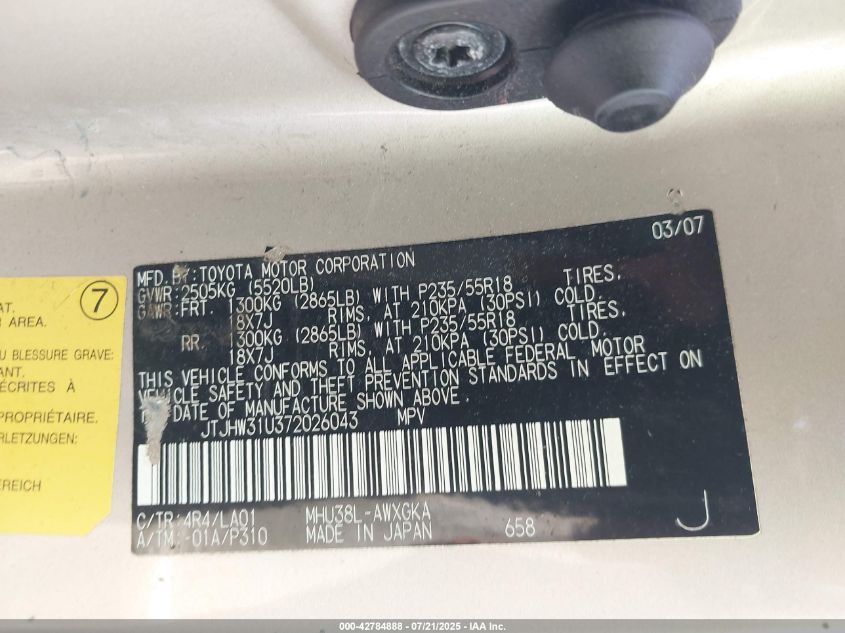 2007 Lexus Rx 400H VIN: JTJHW31U372026043 Lot: 42784888