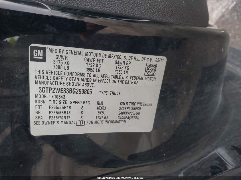 2011 GMC Sierra 1500 Slt VIN: 3GTP2WE33BG299805 Lot: 42784925