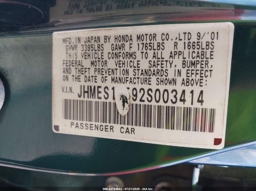 2002 Honda Civic Lx VIN: JHMES16592S003414 Lot: 42784942