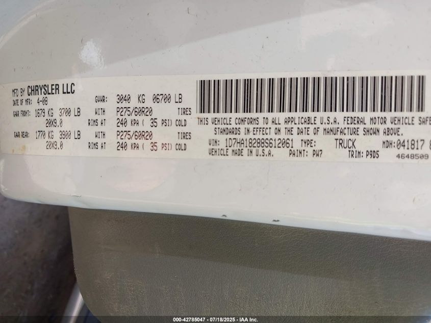 2008 Dodge Ram 1500 Slt VIN: 1D7HA18288S612061 Lot: 42785047