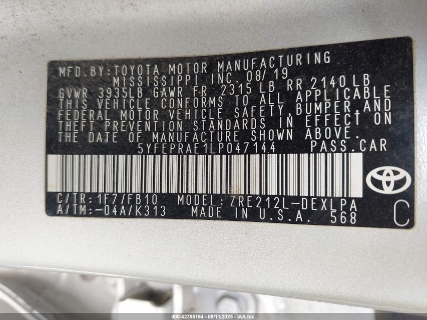 2020 Toyota Corolla Le VIN: 5YFEPRAE1LP047144 Lot: 42785164