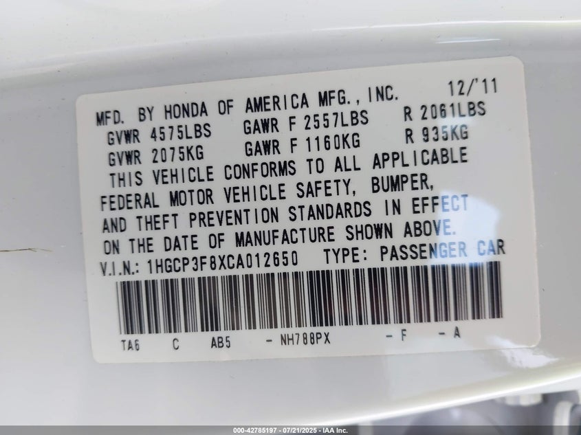 2012 Honda Accord 3.5 Ex-L VIN: 1HGCP3F8XCA012650 Lot: 42785197