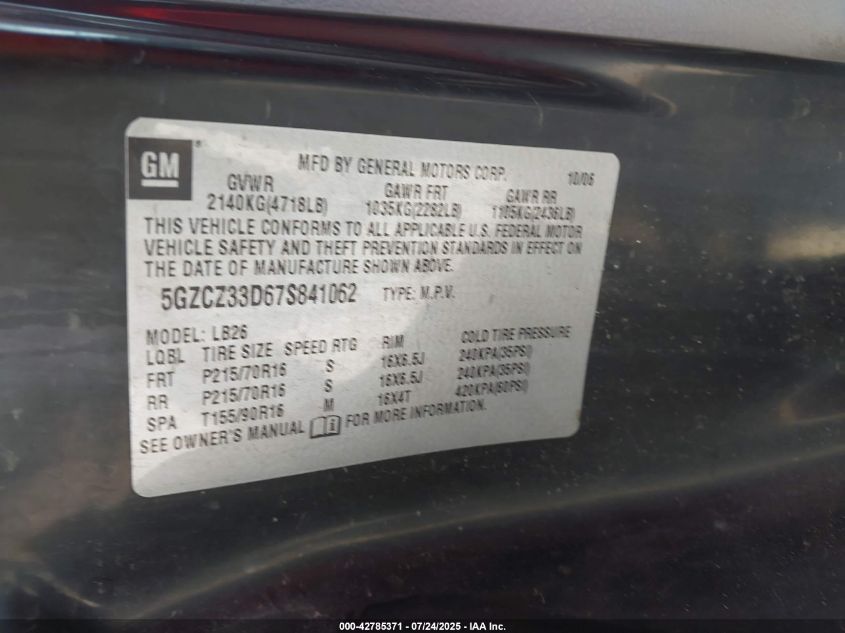 2007 Saturn Vue 4 Cyl VIN: 5GZCZ33D67S841062 Lot: 42785371