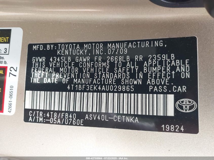 2010 Toyota Camry Le VIN: 4T1BF3EK4AU029865 Lot: 42785564