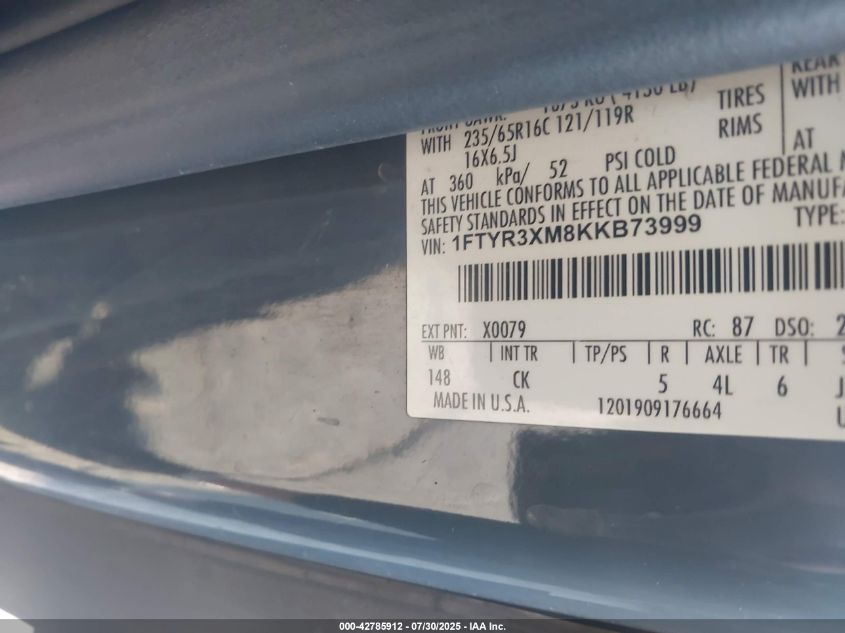 2019 Ford Transit-250 VIN: 1FTYR3XM8KKB73999 Lot: 42785912