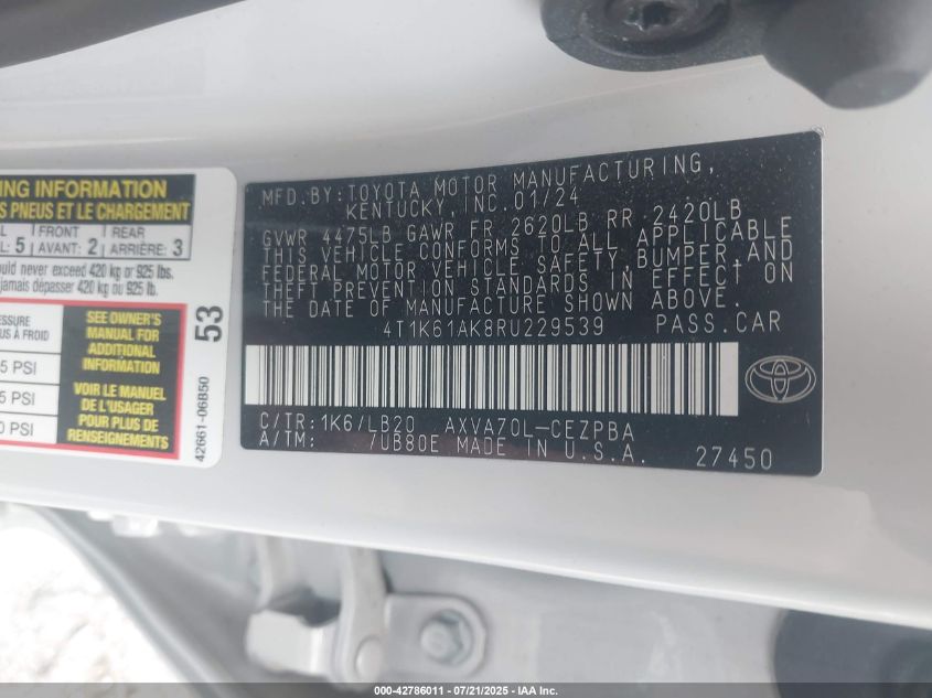 2024 Toyota Camry Xse VIN: 4T1K61AK8RU229539 Lot: 42786011