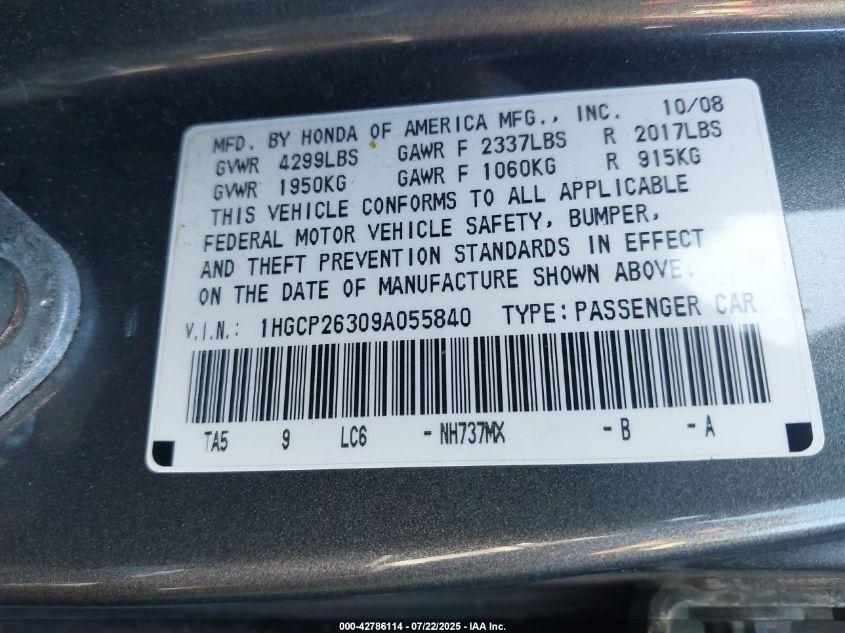 2009 Honda Accord 2.4 Lx VIN: 1HGCP26309A055840 Lot: 42786114