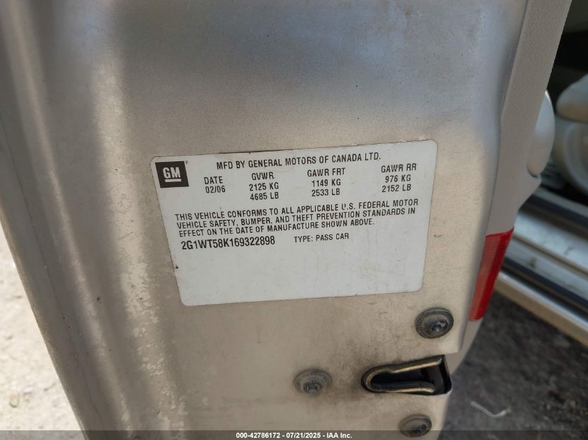 2006 Chevrolet Impala Lt VIN: 2G1WT58K169322898 Lot: 42786172