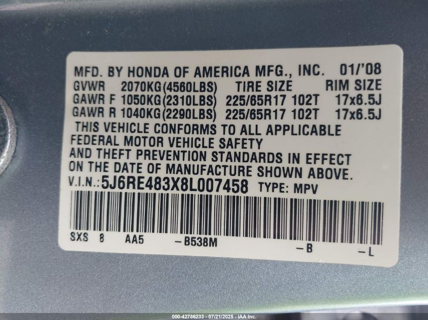 2008 Honda Cr-V Lx VIN: 5J6RE483X8L007458 Lot: 42786233
