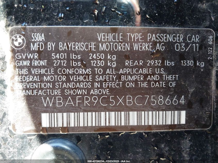 2011 BMW 550I VIN: WBAFR9C5XBC758664 Lot: 42786234