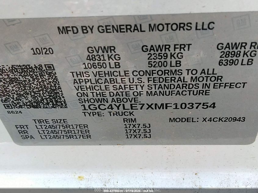 2021 Chevrolet Silverado 2500Hd 4Wd Long Bed Wt VIN: 1GC4YLE7XMF103754 Lot: 42786330