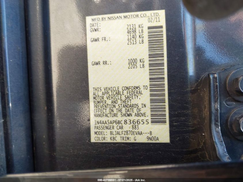 2011 Nissan Maxima 3.5 Sv VIN: 1N4AA5AP6BC836655 Lot: 42786551