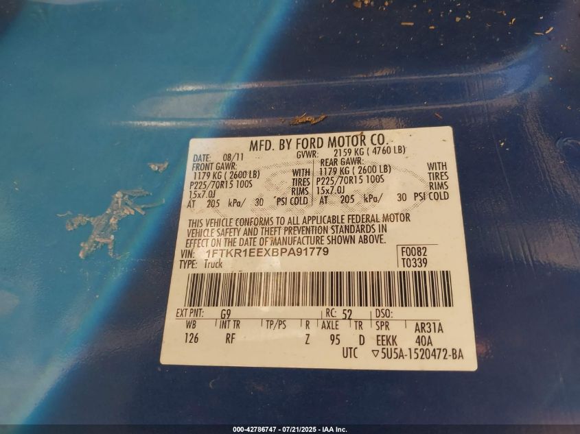 2011 Ford Ranger Xlt VIN: 1FTKR1EEXBPA91779 Lot: 42786747