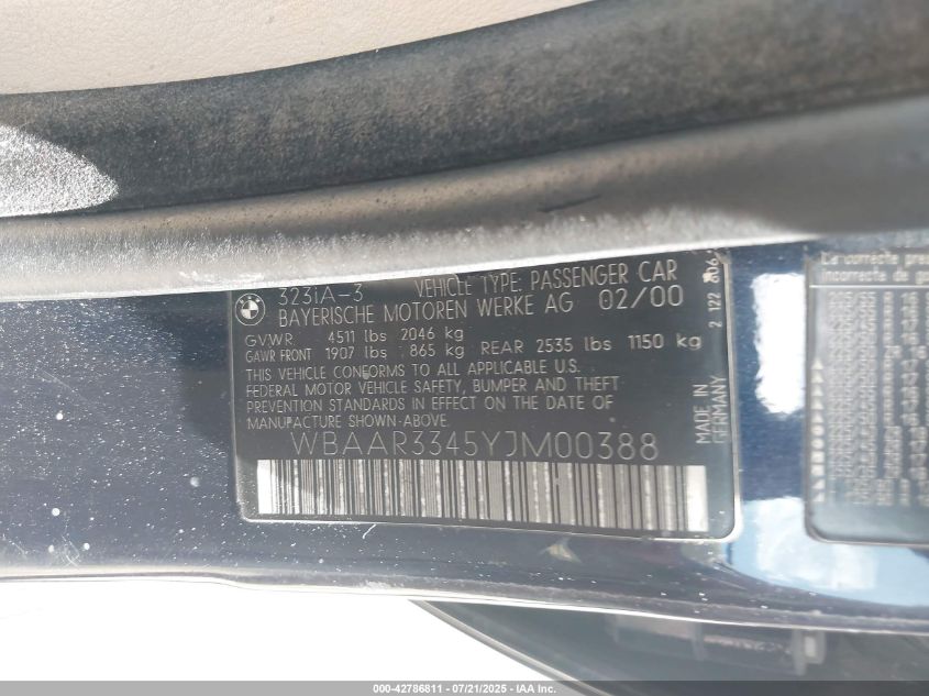 2000 BMW 323It VIN: WBAAR3345YJM00388 Lot: 42786811