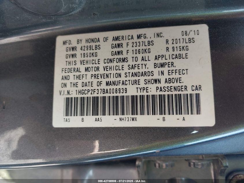 2011 Honda Accord 2.4 Lx VIN: 1HGCP2F37BA008939 Lot: 42786906