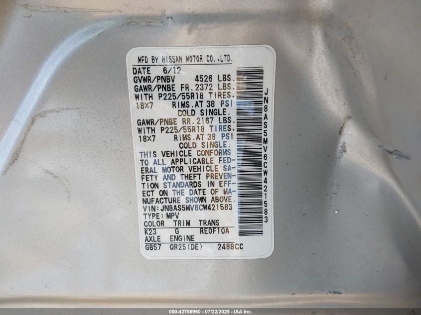 2012 Nissan Rogue Sv W/Sl Pkg VIN: JN8AS5MV6CW421583 Lot: 42786960