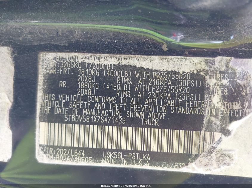 2007 Toyota Tundra Limited 5.7L V8 VIN: 5TBDV581X7S471439 Lot: 42787012