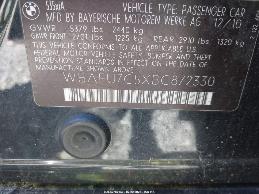 2011 BMW 535I xDrive VIN: WBAFU7C5XBC872330 Lot: 42787140