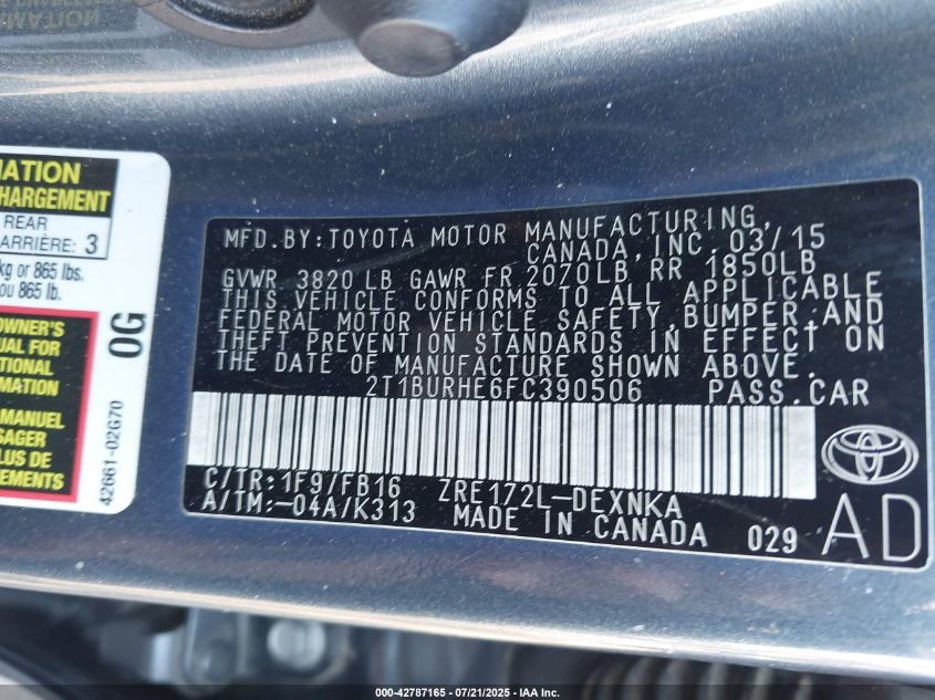 2015 Toyota Corolla Le VIN: 2T1BURHE6FC390506 Lot: 42787165