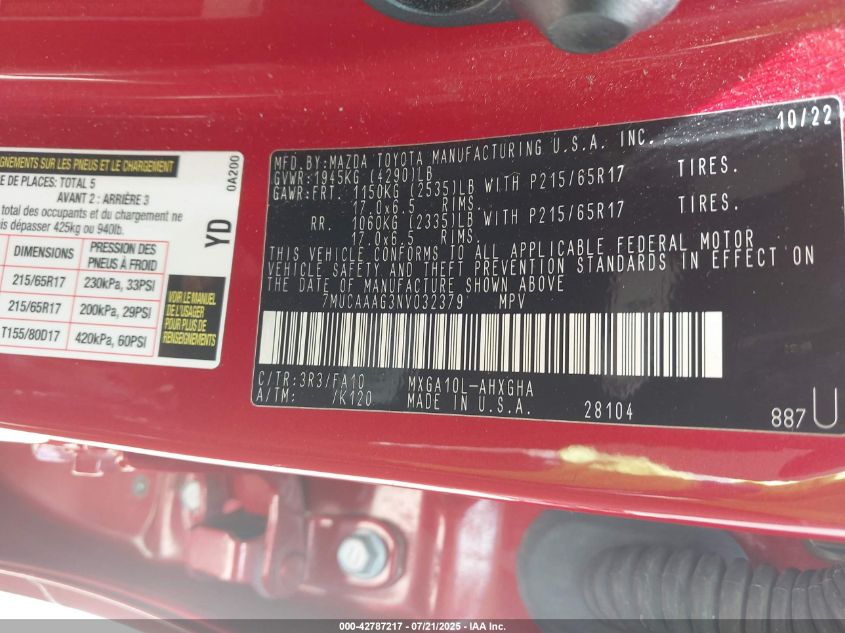 2022 Toyota Corolla Cross Le VIN: 7MUCAAAG3NV032379 Lot: 42787217