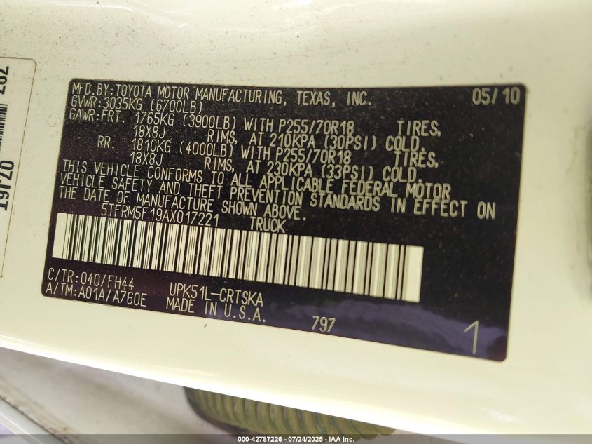 2010 Toyota Tundra Grade 4.6L V8 VIN: 5TFRM5F19AX017221 Lot: 42787226